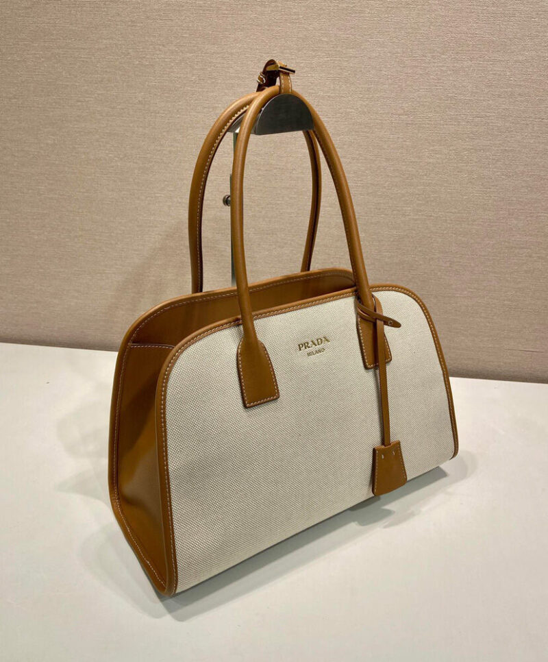 Prada Medium Linen Blend And Leather Tote Bag 1BG572